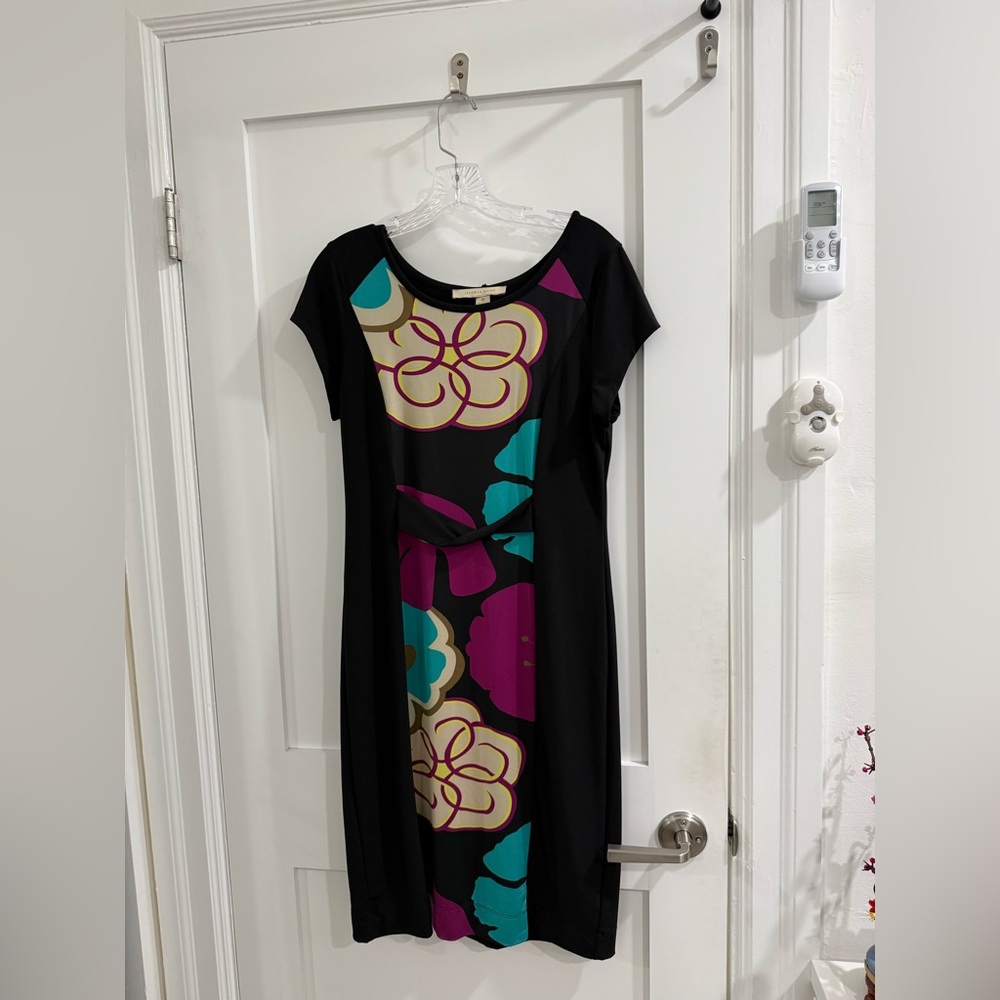 Jonathan Martin black stretchy dress with multicolored floral pattern on front